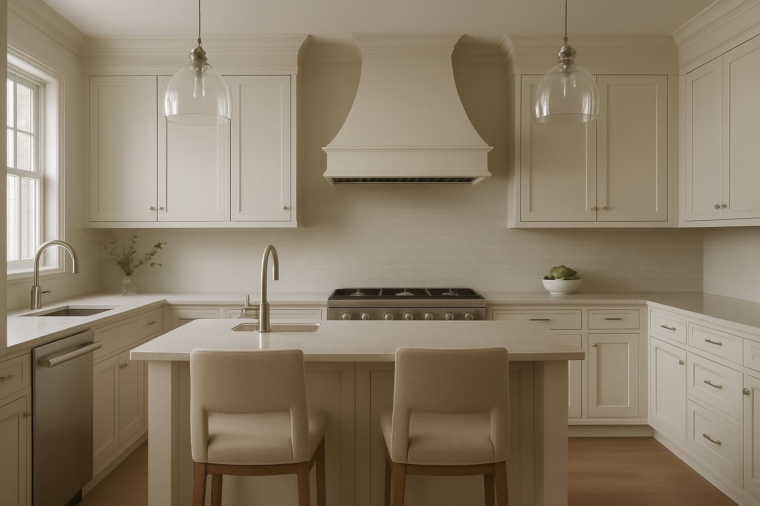 Kitchen with a white island, cabinets, and countertop through the back. Clean design and two light beige barstools at the ...
