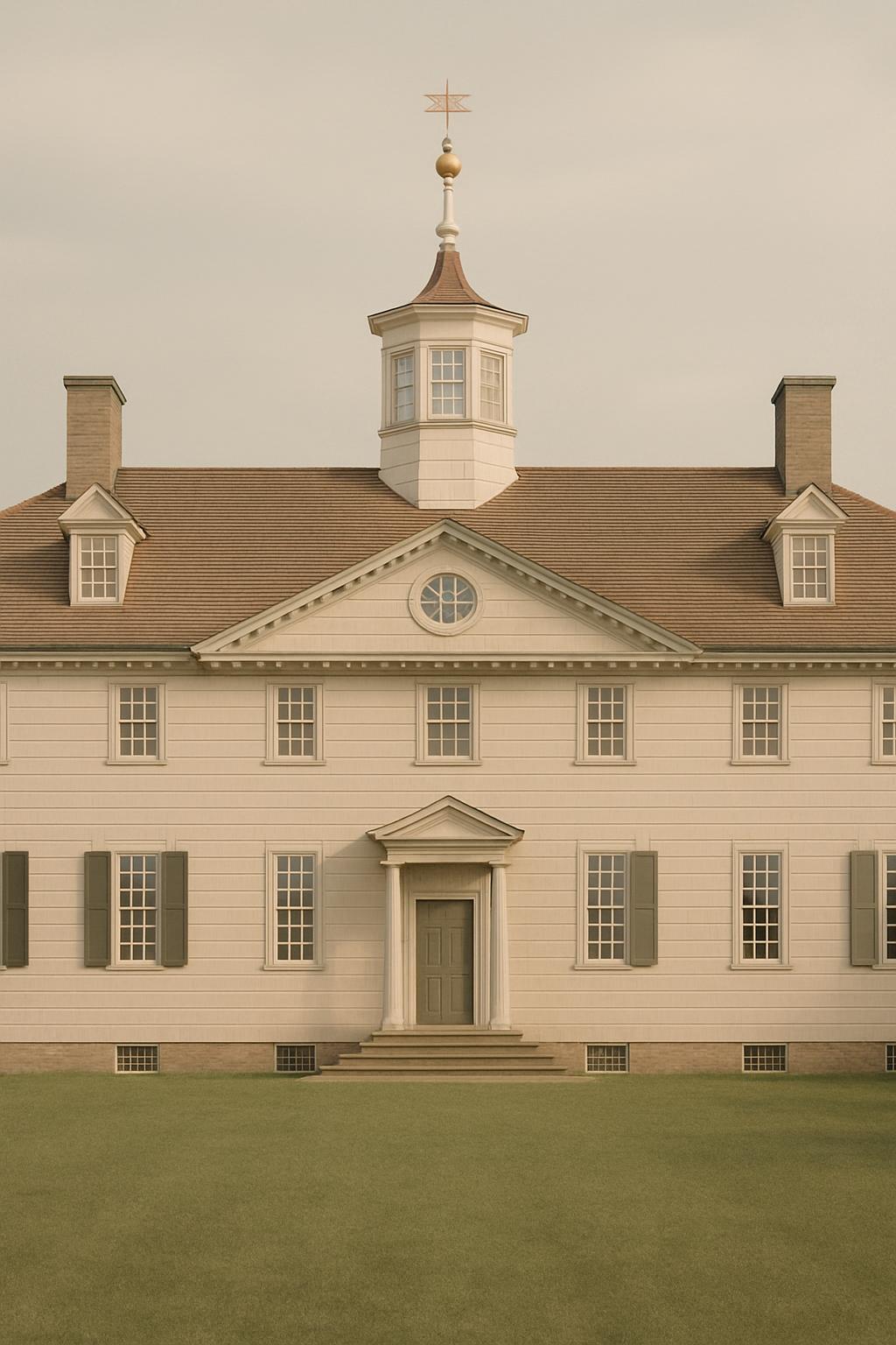 An 18th-century-style home with a central entrance in a grassy field, featuring a cupola with a weather vane at the top.